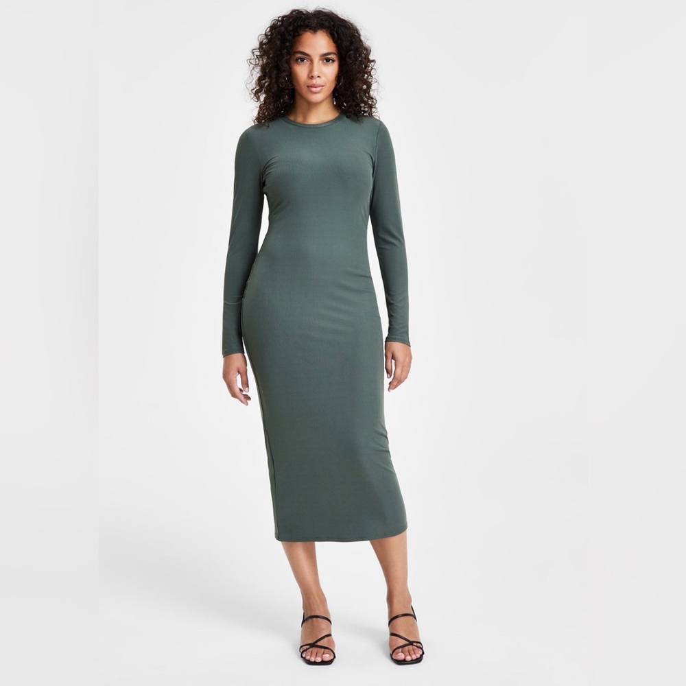 Women's Green Ribbed-Knit Long-Sleeve Midi Dress New with tags Bar I|l Size S